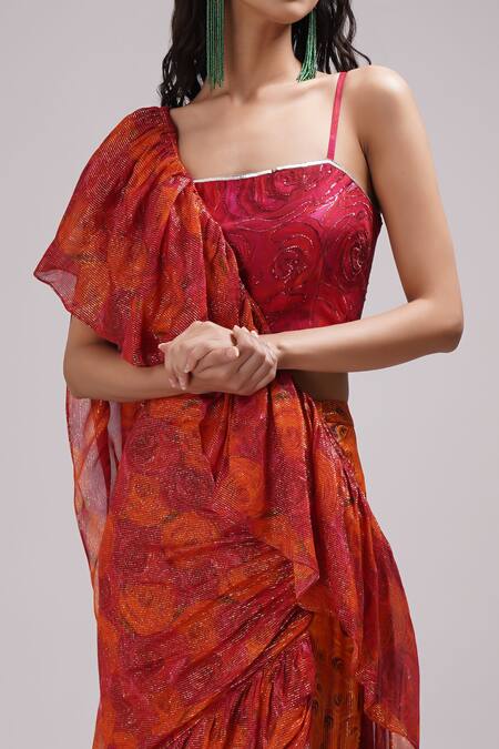 Breathe By Aakanksha Singh Red Georgette, Silk Pansy Floral Print Draped Ruffle Saree With Blouse Online at Aza Fashions Breathe By Aakanksha Singh_Red Georgette, Silk Pansy Floral Print Draped Ruffle Saree With Blouse _Online_at_Aza_Fashions