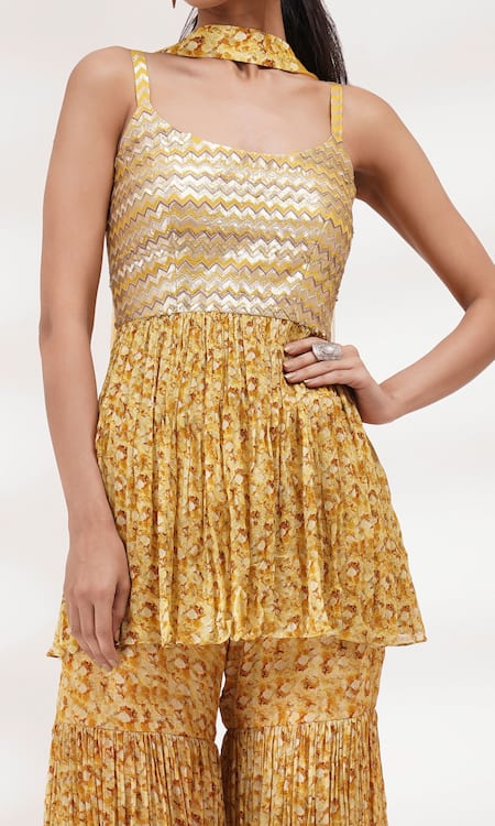 Breathe By Aakanksha Singh Yellow Chanderi, Cotton, Chiffon, Net Sequins, Parijat Print Kurta Sharara Set Online at Aza Fashions Breathe By Aakanksha Singh_Yellow Chanderi, Cotton, Chiffon, Net Sequins, Parijat Print Kurta Sharara Set _Online_at_Aza_Fashions