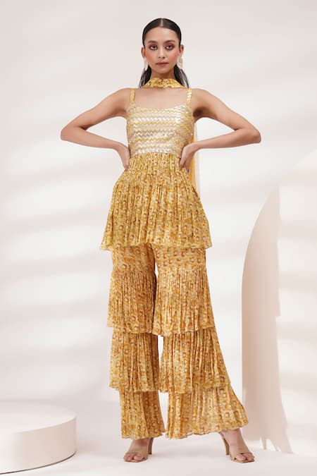 Buy Breathe By Aakanksha Singh Yellow Chanderi, Cotton, Chiffon, Net Sequins, Parijat Print Kurta Sharara Set Online at Aza Fashions Buy_Breathe By Aakanksha Singh_Yellow Chanderi, Cotton, Chiffon, Net Sequins, Parijat Print Kurta Sharara Set _Online_at_Aza_Fashions