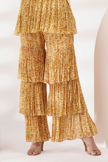 Shop Breathe By Aakanksha Singh Yellow Chanderi, Cotton, Chiffon, Net Sequins, Parijat Print Kurta Sharara Set Online at Aza Fashions Shop_Breathe By Aakanksha Singh_Yellow Chanderi, Cotton, Chiffon, Net Sequins, Parijat Print Kurta Sharara Set _Online_at_Aza_Fashions