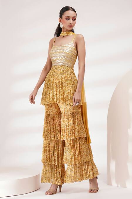 Breathe By Aakanksha Singh Yellow Chanderi, Cotton, Chiffon, Net Sequins, Parijat Print Kurta Sharara Set at Aza Fashions Breathe By Aakanksha Singh_Yellow Chanderi, Cotton, Chiffon, Net Sequins, Parijat Print Kurta Sharara Set _at_Aza_Fashions