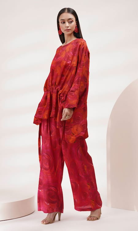 Shop Breathe By Aakanksha Singh Red Round Neck Printed Kaftan Top And Pant Set Online at Aza Fashions Shop_Breathe By Aakanksha Singh_Red Round Neck Printed Kaftan Top And Pant Set _Online_at_Aza_Fashions