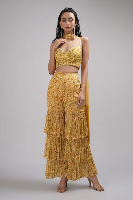 Breathe by Aakanksha Singh Yellow Upadha Silk Print Abstract Acacia Bustier Sharara Set For Kids