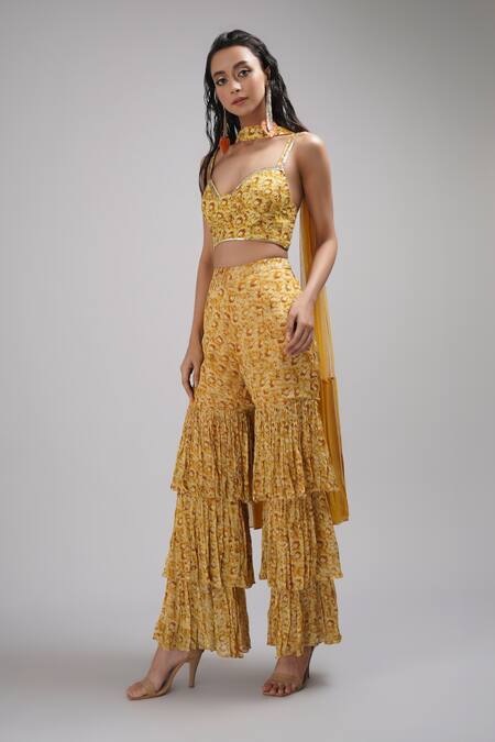 Buy_Breathe By Aakanksha Singh_Yellow Chiffon, Silk Acacia Print Bustier Sharara Set For Kids_Online_at_Aza_Fashions