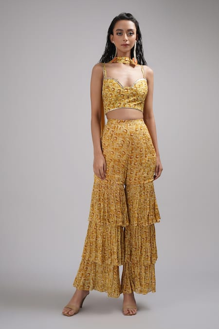 Breathe By Aakanksha Singh_Yellow Chiffon, Silk Acacia Print Bustier Sharara Set For Kids_at_Aza_Fashions
