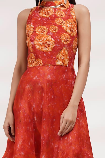Breathe By Aakanksha Singh_Orange Organza, Cotton, Silk High Neck Alla Print Peplum Kurta With Sharara _Online_at_Aza_Fashions