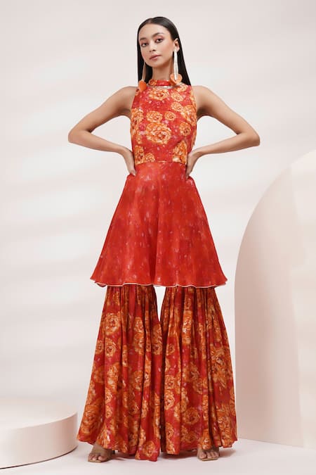 Buy_Breathe By Aakanksha Singh_Orange Organza, Cotton, Silk High Neck Alla Print Peplum Kurta With Sharara _Online_at_Aza_Fashions