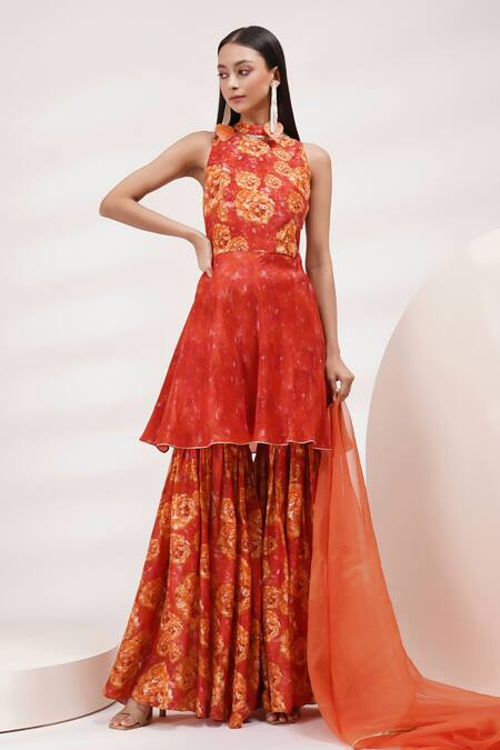 Shop_Breathe By Aakanksha Singh_Orange Organza, Cotton, Silk High Neck Alla Print Peplum Kurta With Sharara _Online_at_Aza_Fashions
