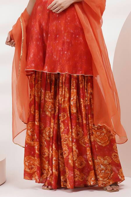Breathe By Aakanksha Singh_Orange Organza, Cotton, Silk High Neck Alla Print Peplum Kurta With Sharara _at_Aza_Fashions