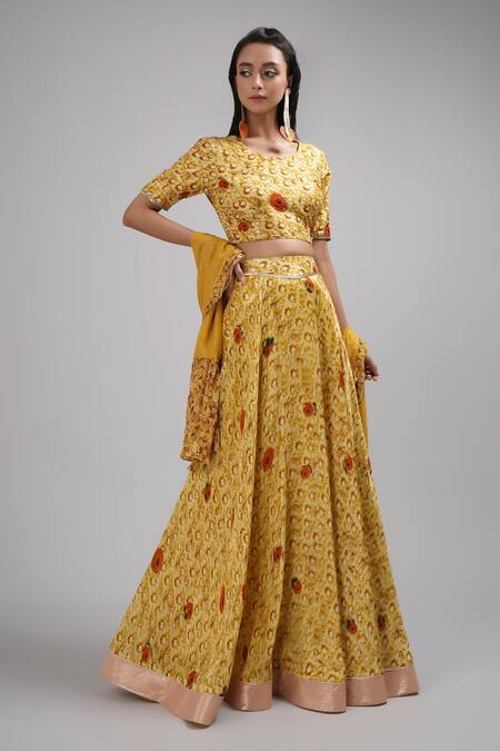 Breathe By Aakanksha Singh_Yellow Lurex, Georgette, Silk Embroidery Anne Print Lehenga Set For Kids_Online_at_Aza_Fashions