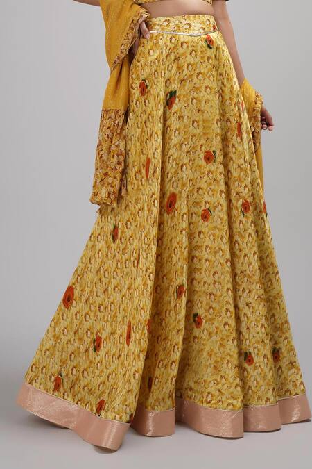 Buy_Breathe By Aakanksha Singh_Yellow Lurex, Georgette, Silk Embroidery Anne Print Lehenga Set For Kids_Online_at_Aza_Fashions