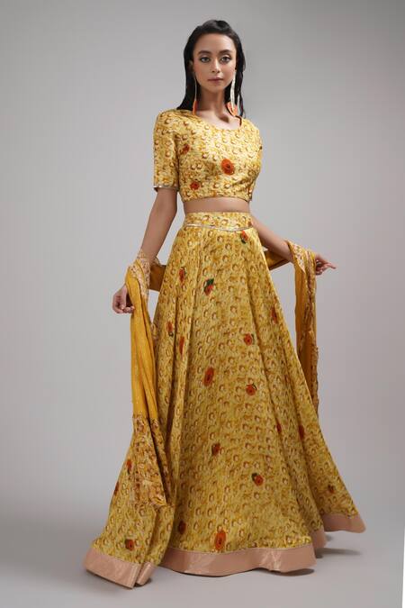 Shop_Breathe By Aakanksha Singh_Yellow Lurex, Georgette, Silk Embroidery Anne Print Lehenga Set For Kids_Online_at_Aza_Fashions