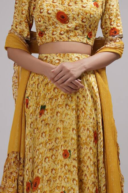 Breathe By Aakanksha Singh_Yellow Lurex, Georgette, Silk Embroidery Anne Print Lehenga Set For Kids_at_Aza_Fashions
