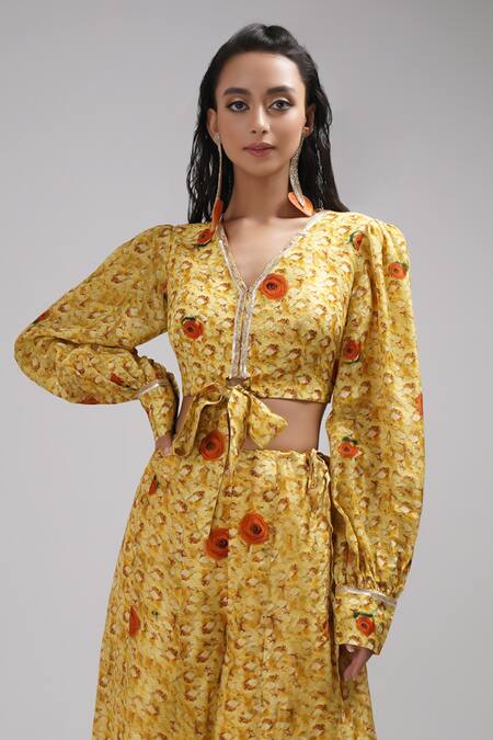 Breathe By Aakanksha Singh_Yellow Silk Arbor Print Cropped Top With Sharara For Kids_Online_at_Aza_Fashions