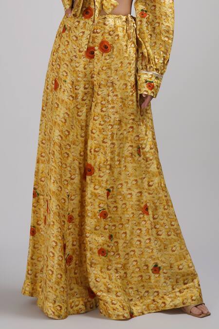 Buy_Breathe By Aakanksha Singh_Yellow Silk Arbor Print Cropped Top With Sharara For Kids_Online_at_Aza_Fashions