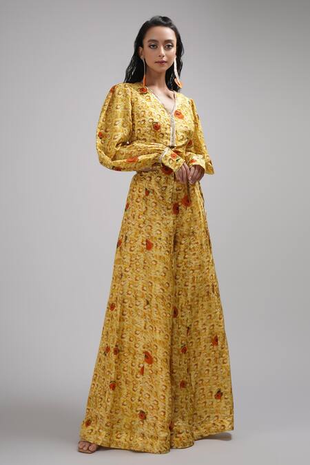 Shop_Breathe By Aakanksha Singh_Yellow Silk Arbor Print Cropped Top With Sharara For Kids_Online_at_Aza_Fashions