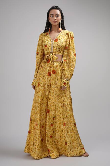 Breathe By Aakanksha Singh_Yellow Silk Arbor Print Cropped Top With Sharara For Kids_at_Aza_Fashions