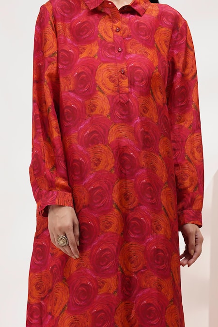 Breathe By Aakanksha Singh_Red Cotton, Silk Bee Rosette Print Tunic With Pant For Kids_Online_at_Aza_Fashions