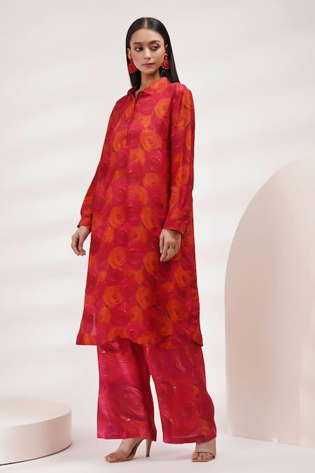 Shop_Breathe By Aakanksha Singh_Red Cotton, Silk Bee Rosette Print Tunic With Pant For Kids_Online_at_Aza_Fashions