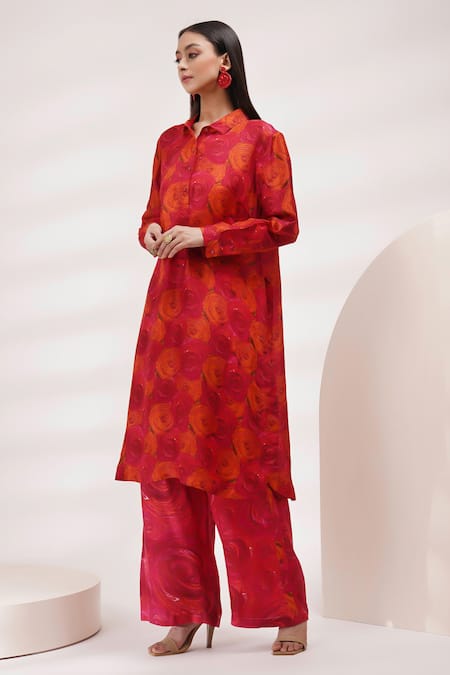 Breathe By Aakanksha Singh_Red Cotton, Silk Bee Rosette Print Tunic With Pant For Kids_at_Aza_Fashions