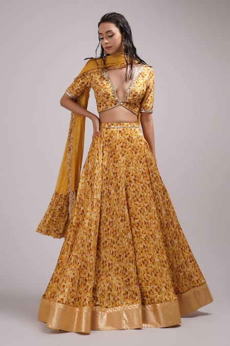 Breathe by Aakanksha Singh Yellow Upada Silk Print Abstract Bells Lehenga Set For Kids