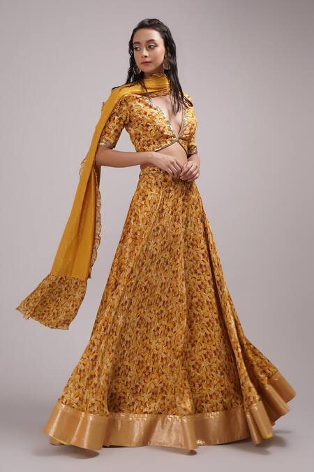 Shop_Breathe By Aakanksha Singh_Yellow Lurex, Georgette, Silk Sequins Bells Abstract Print Lehenga Set For Kids_Online_at_Aza_Fashions