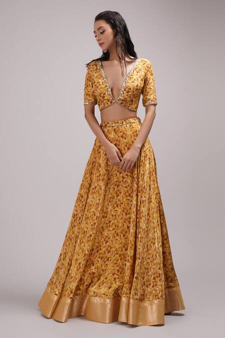 Breathe By Aakanksha Singh_Yellow Lurex, Georgette, Silk Sequins Bells Abstract Print Lehenga Set For Kids_at_Aza_Fashions