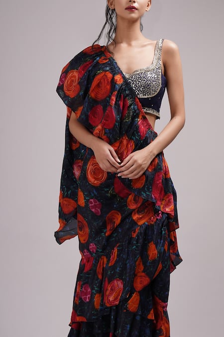 Breathe By Aakanksha Singh_Blue Silk Sequins Sweetheart Neck Bloom Print Pre-draped Saree With Blouse _Online_at_Aza_Fashions