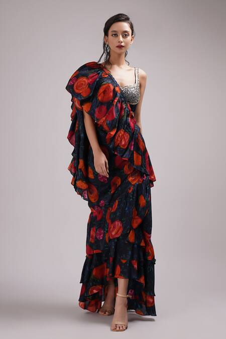 Buy_Breathe By Aakanksha Singh_Blue Silk Sequins Sweetheart Neck Bloom Print Pre-draped Saree With Blouse _Online_at_Aza_Fashions