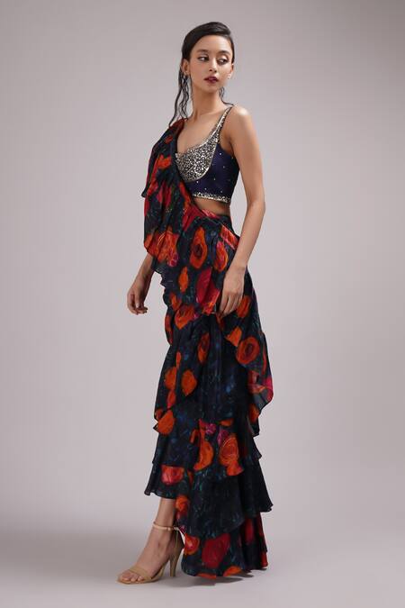 Shop_Breathe By Aakanksha Singh_Blue Silk Sequins Sweetheart Neck Bloom Print Pre-draped Saree With Blouse _Online_at_Aza_Fashions