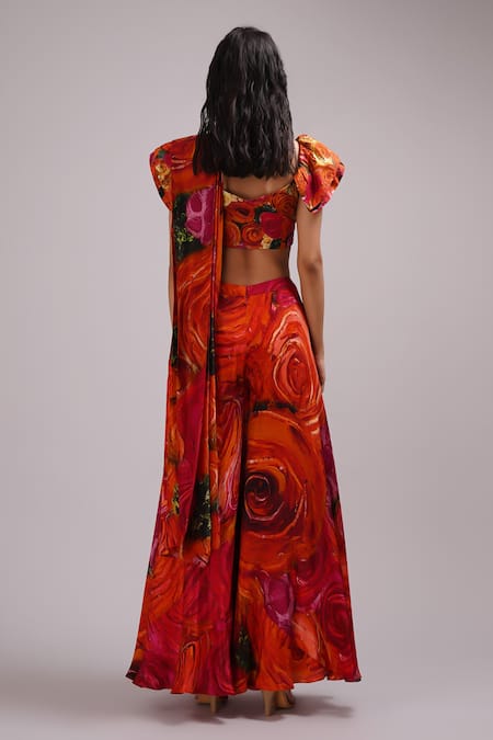 Breathe By Aakanksha Singh Briar Print Pre-Draped Pant Saree With Blouse For Kids