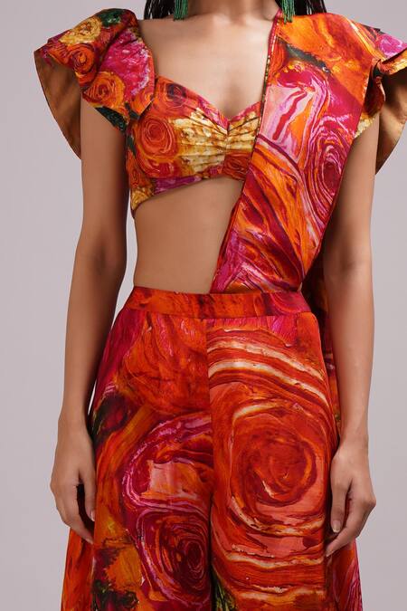 Breathe By Aakanksha Singh_Multi Color Silk Embroidery Briar Print Pre-draped Pant Saree With Blouse For Kids_Online_at_Aza_Fashions