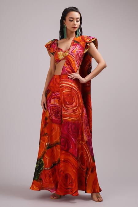 Buy_Breathe By Aakanksha Singh_Multi Color Silk Embroidery Briar Print Pre-draped Pant Saree With Blouse For Kids_Online_at_Aza_Fashions