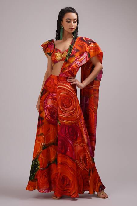 Shop_Breathe By Aakanksha Singh_Multi Color Silk Embroidery Briar Print Pre-draped Pant Saree With Blouse For Kids_Online_at_Aza_Fashions