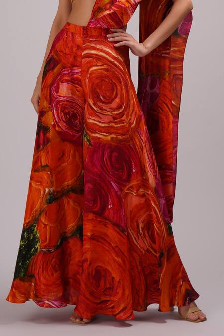 Breathe By Aakanksha Singh_Multi Color Silk Embroidery Briar Print Pre-draped Pant Saree With Blouse For Kids_at_Aza_Fashions