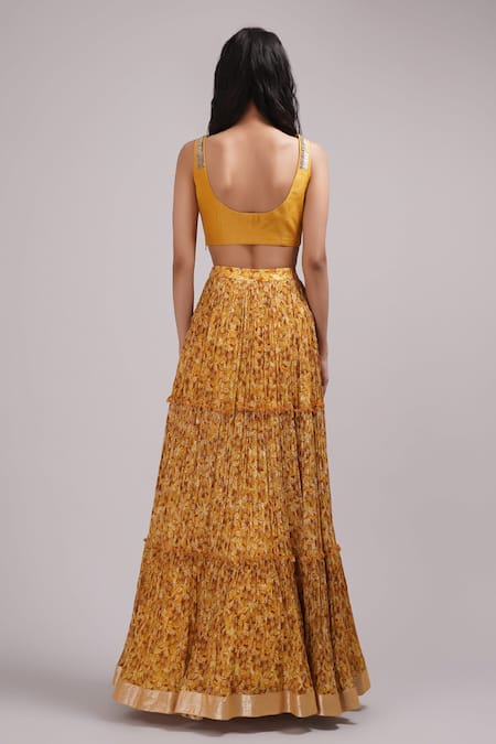 Shop Breathe By Aakanksha Singh Yellow Lurex, Cotton Satin, Silk Sequins Bush Print Tiered Lehenga Set at Aza Fashions Shop_Breathe By Aakanksha Singh_Yellow Lurex, Cotton Satin, Silk Sequins Bush Print Tiered Lehenga Set _at_Aza_Fashions