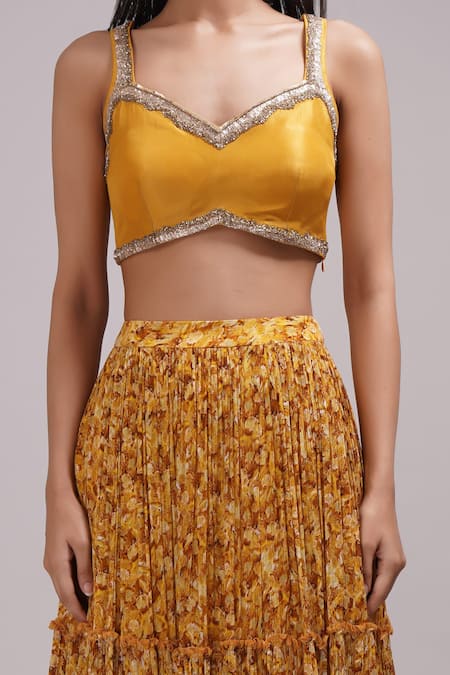 Breathe By Aakanksha Singh Yellow Lurex, Cotton Satin, Silk Sequins Bush Print Tiered Lehenga Set Online at Aza Fashions Breathe By Aakanksha Singh_Yellow Lurex, Cotton Satin, Silk Sequins Bush Print Tiered Lehenga Set _Online_at_Aza_Fashions