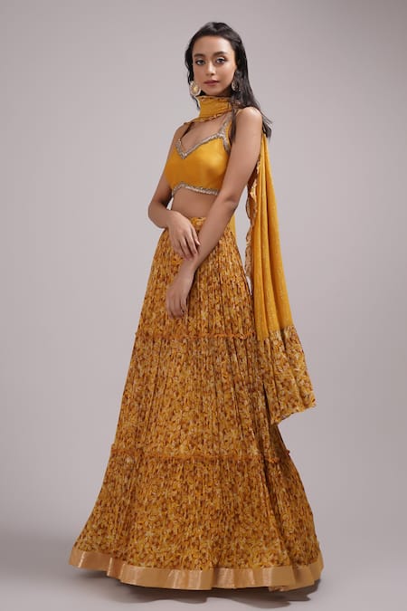 Buy Breathe By Aakanksha Singh Yellow Lurex, Cotton Satin, Silk Sequins Bush Print Tiered Lehenga Set Online at Aza Fashions Buy_Breathe By Aakanksha Singh_Yellow Lurex, Cotton Satin, Silk Sequins Bush Print Tiered Lehenga Set _Online_at_Aza_Fashions
