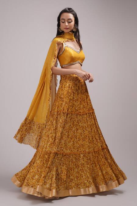 Shop Breathe By Aakanksha Singh Yellow Lurex, Cotton Satin, Silk Sequins Bush Print Tiered Lehenga Set Online at Aza Fashions Shop_Breathe By Aakanksha Singh_Yellow Lurex, Cotton Satin, Silk Sequins Bush Print Tiered Lehenga Set _Online_at_Aza_Fashions