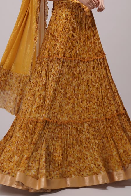 Breathe By Aakanksha Singh Yellow Lurex, Cotton Satin, Silk Sequins Bush Print Tiered Lehenga Set at Aza Fashions Breathe By Aakanksha Singh_Yellow Lurex, Cotton Satin, Silk Sequins Bush Print Tiered Lehenga Set _at_Aza_Fashions