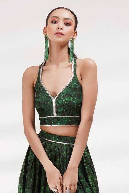 Breathe By Aakanksha Singh_Green Georgette, Cotton, Silk Calla Abstract Print Lehenga Set For Kids_Online_at_Aza_Fashions