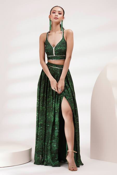 Buy_Breathe By Aakanksha Singh_Green Georgette, Cotton, Silk Calla Abstract Print Lehenga Set For Kids_Online_at_Aza_Fashions