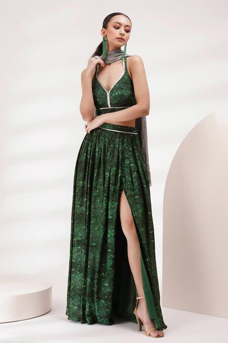 Shop_Breathe By Aakanksha Singh_Green Georgette, Cotton, Silk Calla Abstract Print Lehenga Set For Kids_Online_at_Aza_Fashions