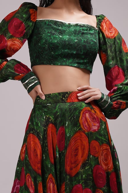 Breathe By Aakanksha Singh_Green Silk Calytrix Abstract Print Skirt With Top For Kids_Online_at_Aza_Fashions
