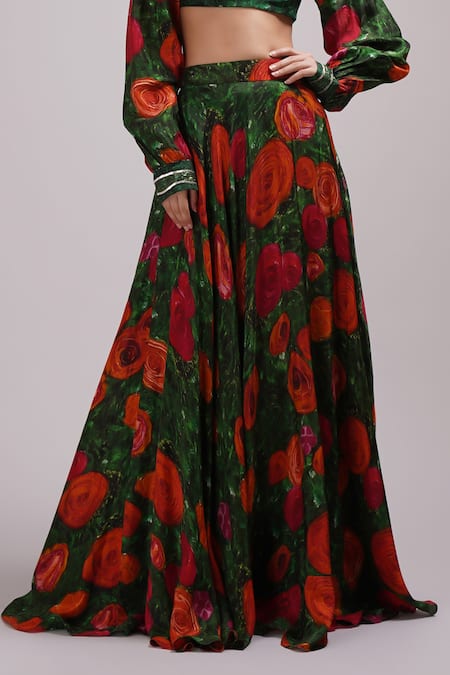 Buy_Breathe By Aakanksha Singh_Green Silk Calytrix Abstract Print Skirt With Top For Kids_Online_at_Aza_Fashions