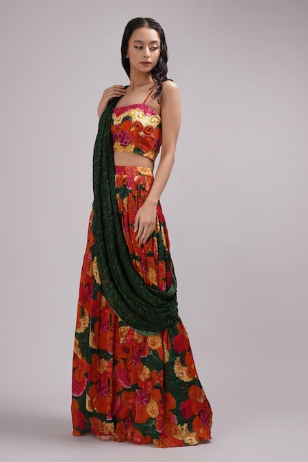 Breathe By Aakanksha Singh_Multi Color Chiffon, Silk Celandine Print Pre-draped Saree With Blouse _Online_at_Aza_Fashions