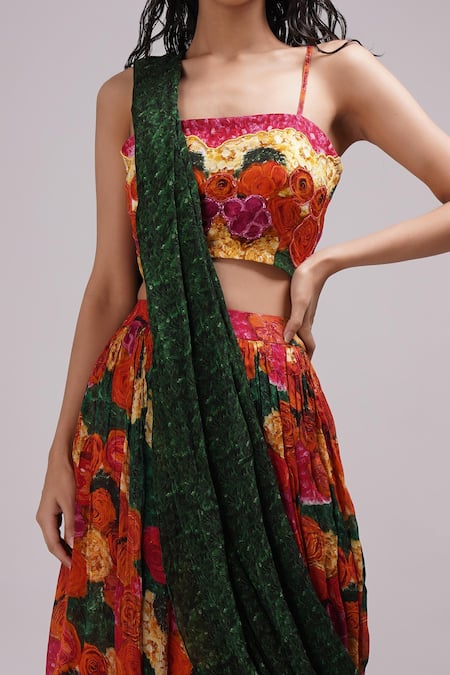 Buy_Breathe By Aakanksha Singh_Multi Color Chiffon, Silk Celandine Print Pre-draped Saree With Blouse _Online_at_Aza_Fashions