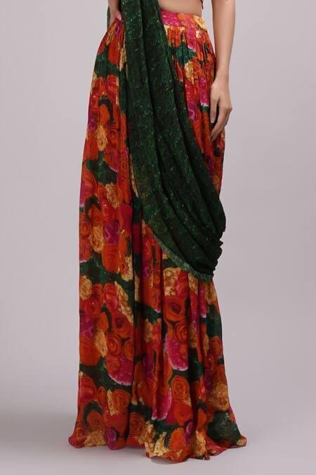 Shop_Breathe By Aakanksha Singh_Multi Color Chiffon, Silk Celandine Print Pre-draped Saree With Blouse _Online_at_Aza_Fashions