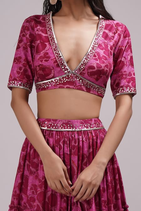 Breathe By Aakanksha Singh_Purple Organza, Silk Sequins V-neck Chrisoula Print Lehenga Set _Online_at_Aza_Fashions