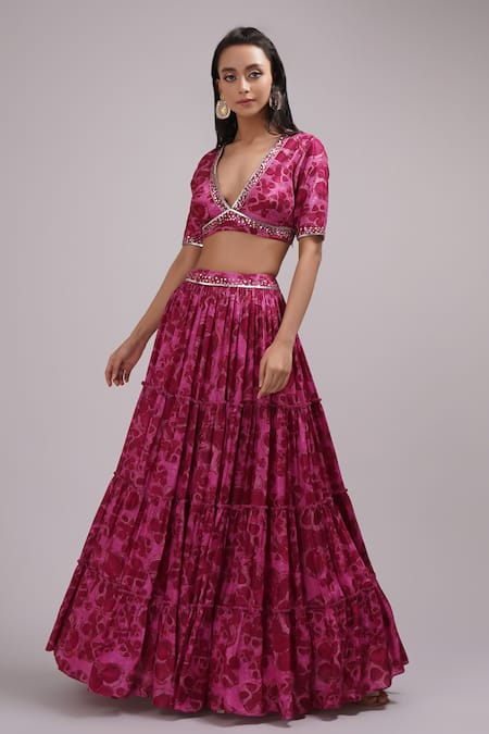 Buy_Breathe By Aakanksha Singh_Purple Organza, Silk Sequins V-neck Chrisoula Print Lehenga Set _Online_at_Aza_Fashions